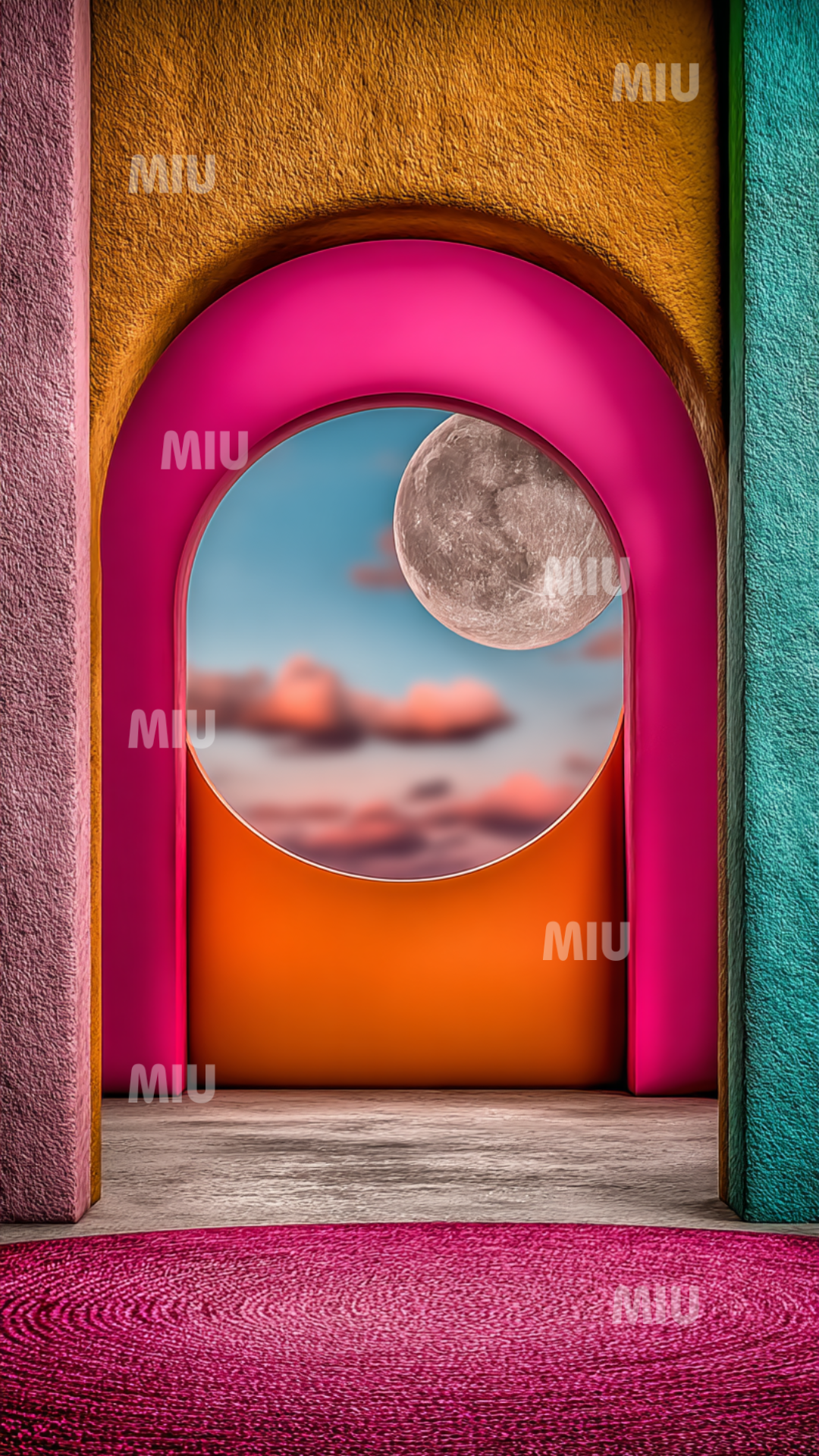 Arche aux tons bruns, turquoise et fuchsia révélant un coucher de soleil avec lune scintillante et textures chromatiques.