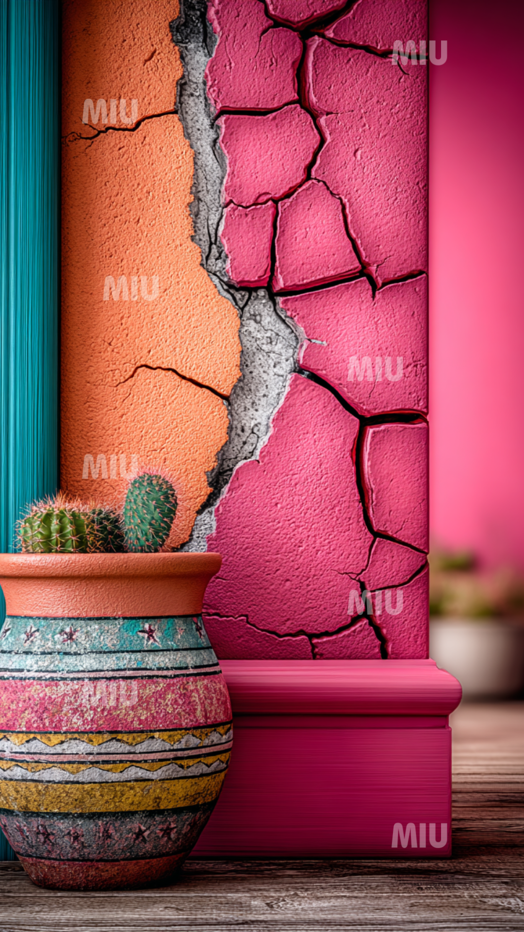 Mur texturé rose et orange avec grandes fissures décoratives et pots céramiques colorés, ambiance désert bohème.