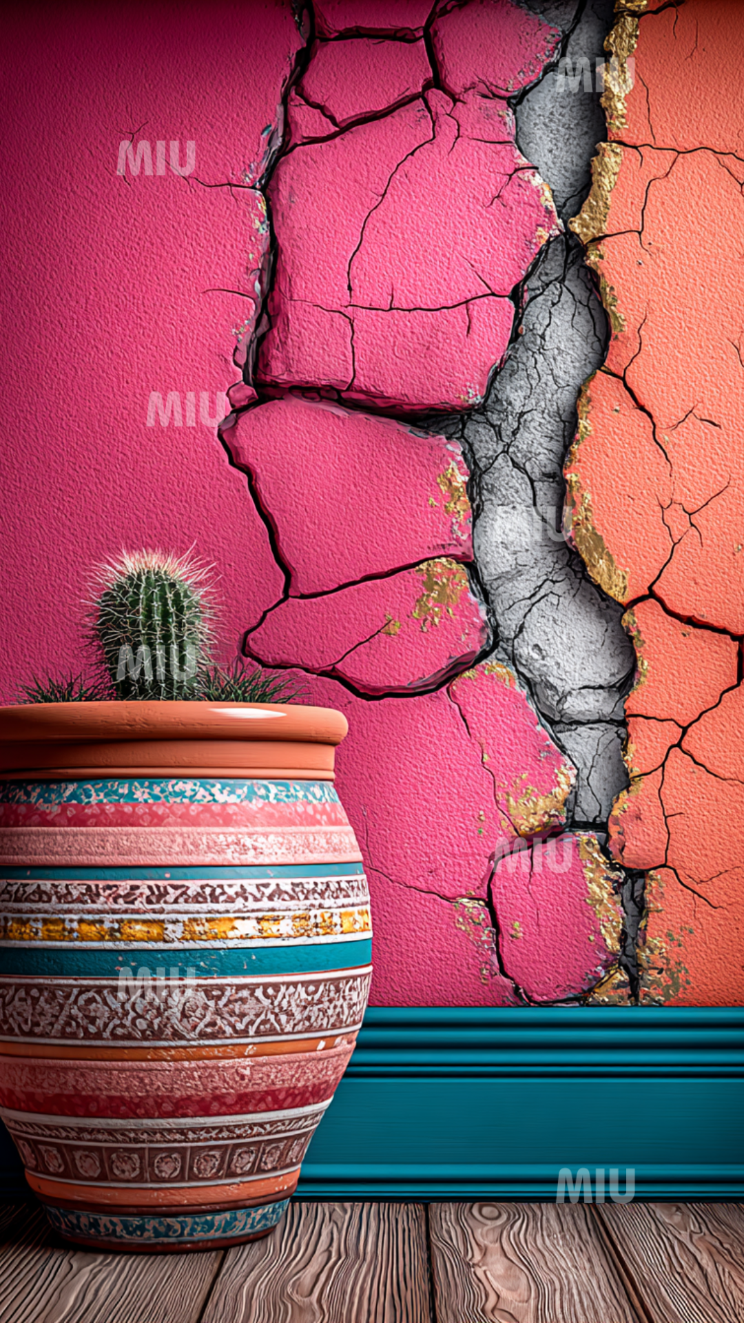 Deux pots céramiques rayés et un petit cactus devant un mur turquoise et rose fissuré, style chaleureux et artisanal.
