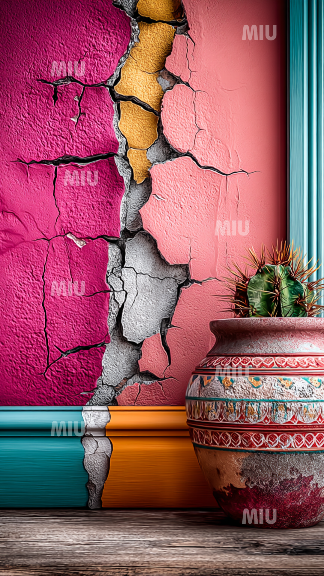 Mur rose et turquoise avec fissures naturelles et pot artisanal contenant un cactus, univers coloré et minimaliste MIU.