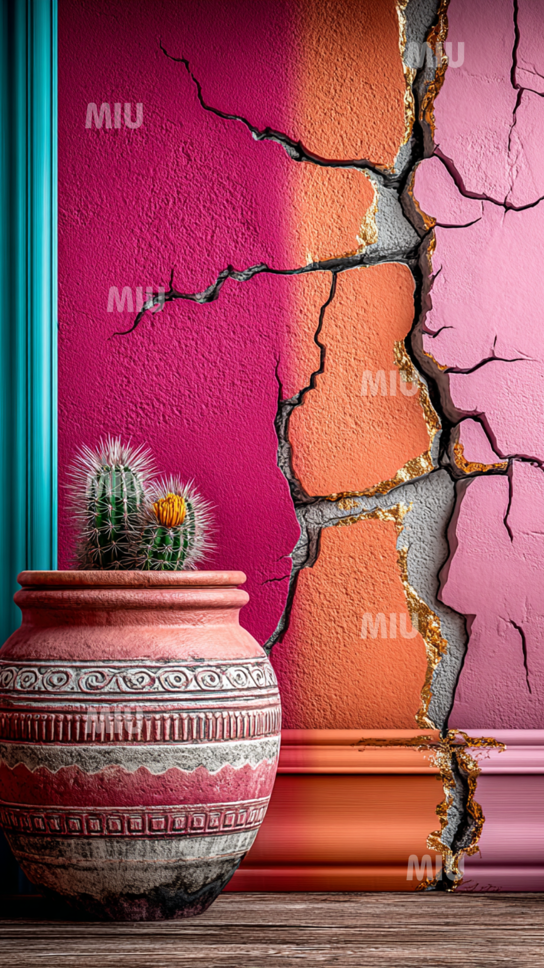 Cactus dans un pot peint à la main devant un mur rose profond texturé et fissuré, atmosphère artistique signature MIU.