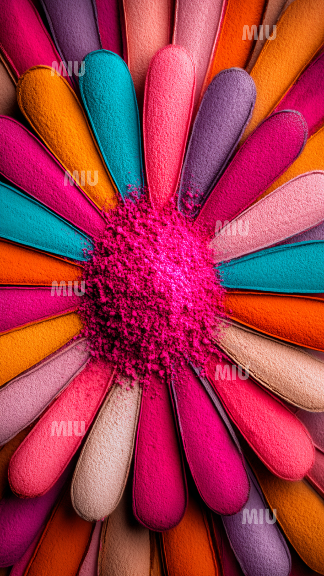 Fleur abstraite haute en couleurs composée de pétales texturés turquoise, orange, rose et mauve, avec une explosion centrale de poudre pigmentaire fuchsia. Visuel artistique MIU au style moderne et vibrant.