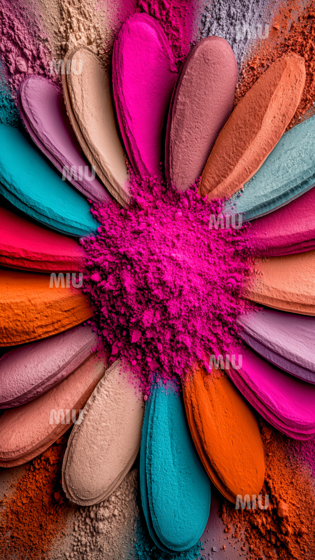 Composition florale abstraite aux pétales multicolores texturés avec une poudre fuchsia très dense au centre. Visuel artistique MIU au style coloré et dynamique.