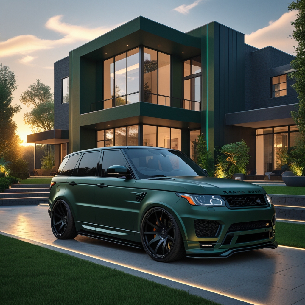 A modern luxury house with a Range Rover Sport park in front of the ...