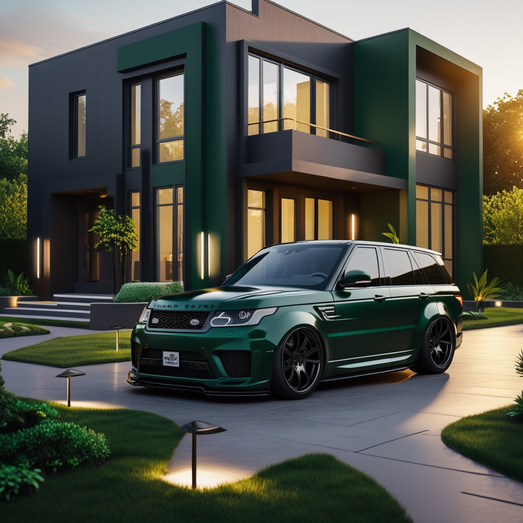 A modern luxury house with a Range Rover Sport park in front of the ...