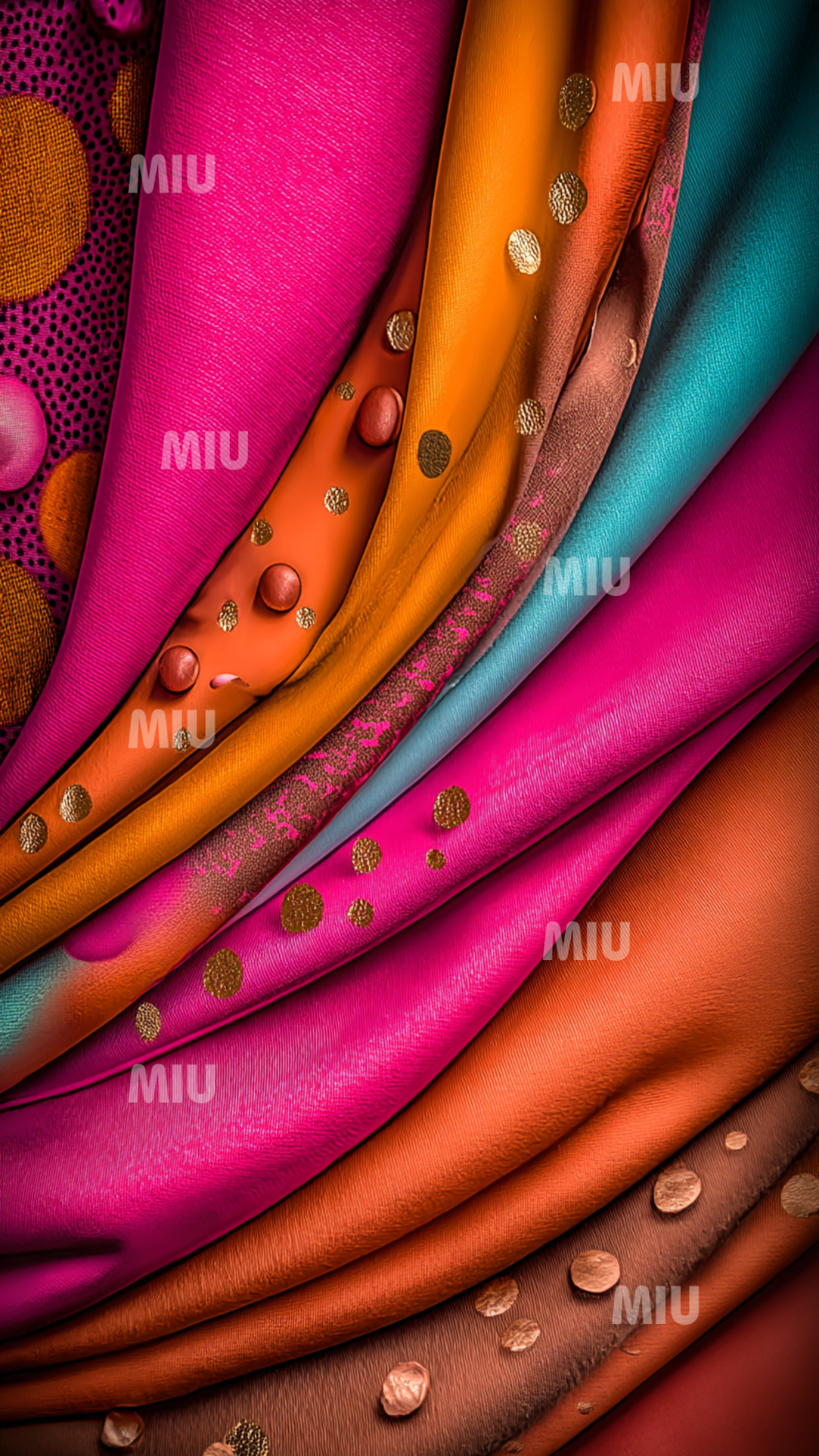 Drapés colorés magenta, orange et turquoise avec textures dorées et gouttes créant une onde textile vibrante.