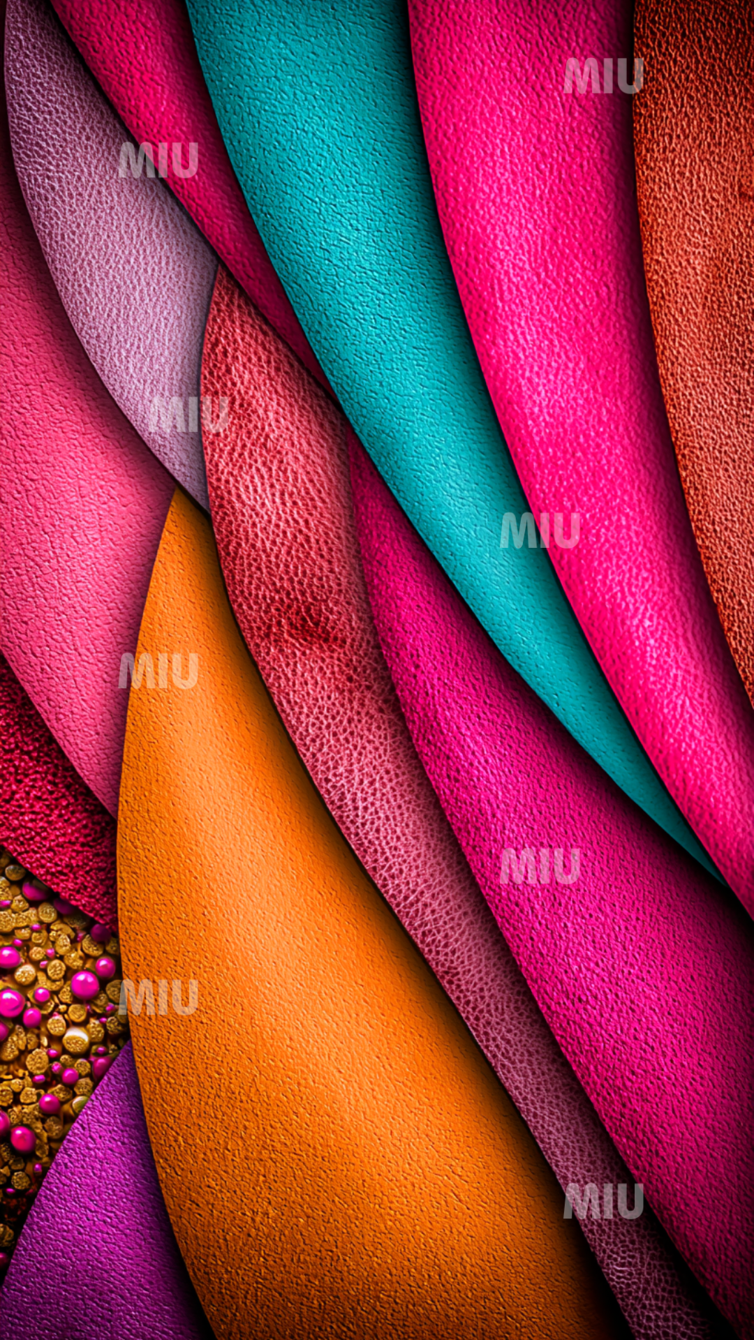 Vagues de textures colorées rose, turquoise, orange et violet entrelacées dans un style textile soyeux MIU.