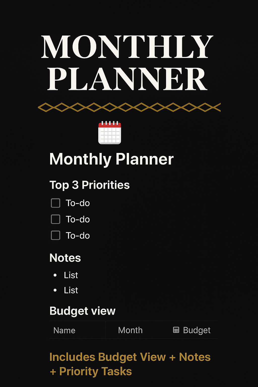 Monthly planner layout with goals, notes, and reflections inside Notion