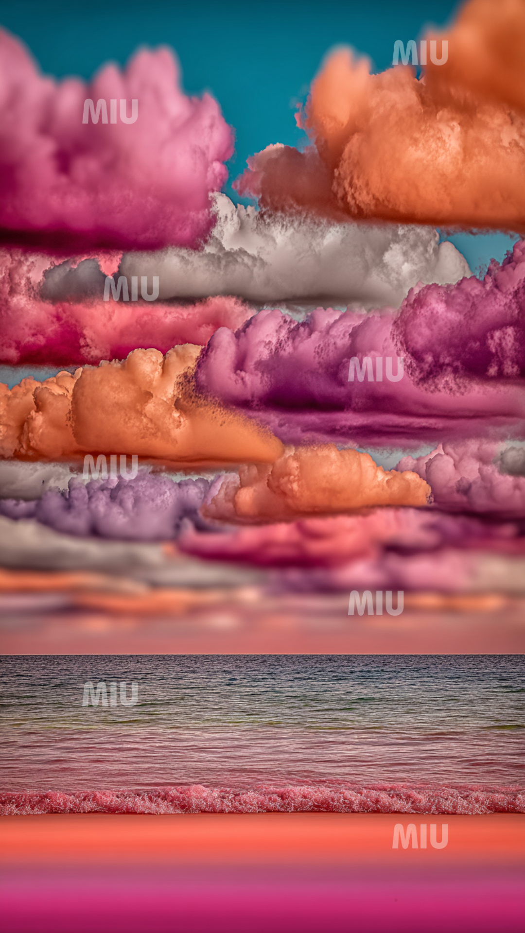 Nuages roses, pêches et violets superposés au-dessus d’une mer turquoise, créant une scène d’aurore vibrante dans le style coloré MIU.