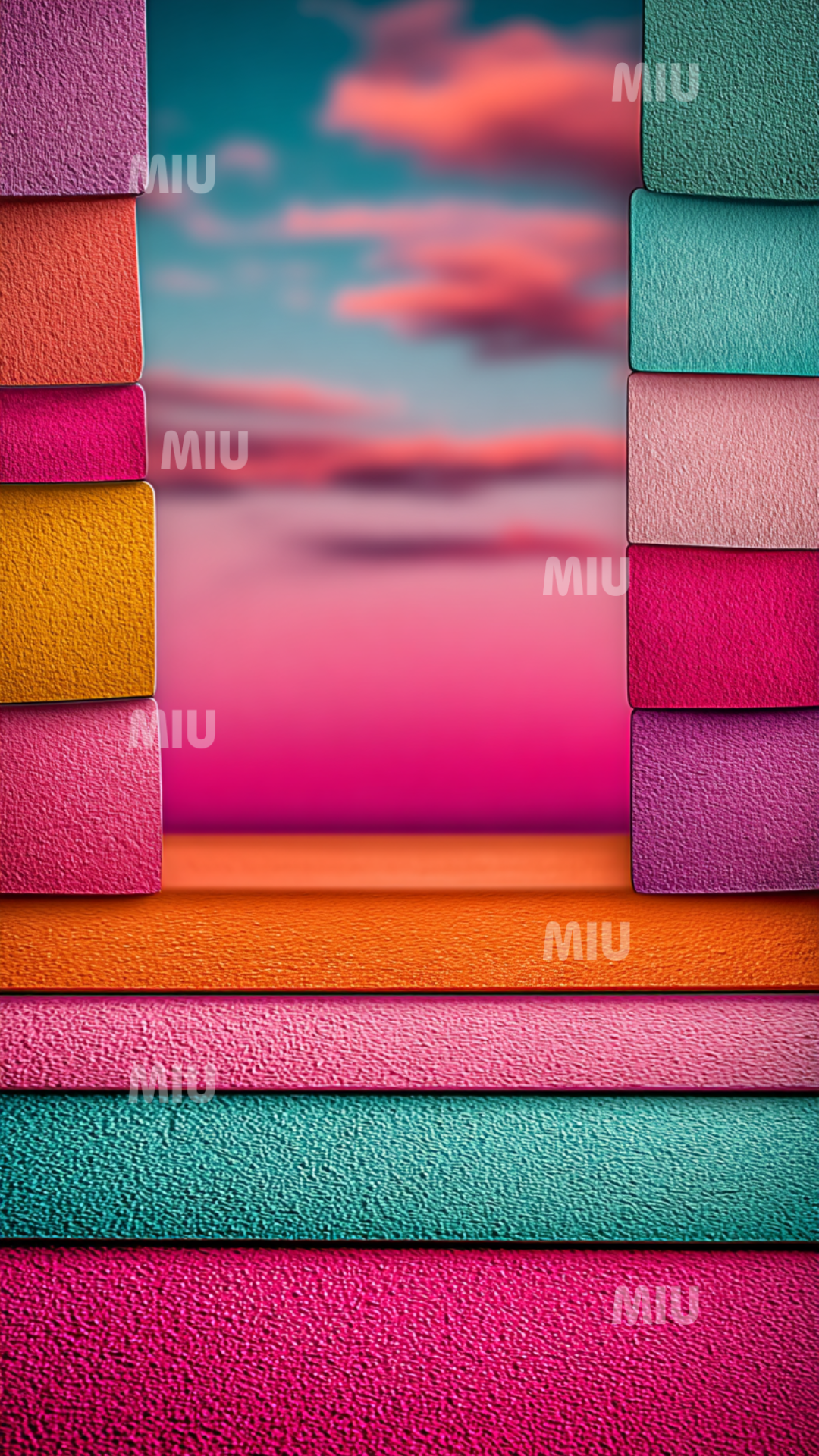 Blocs texturés colorés formant un cadre géométrique face à un ciel flou rose et turquoise, dans un style artistique MIU.
