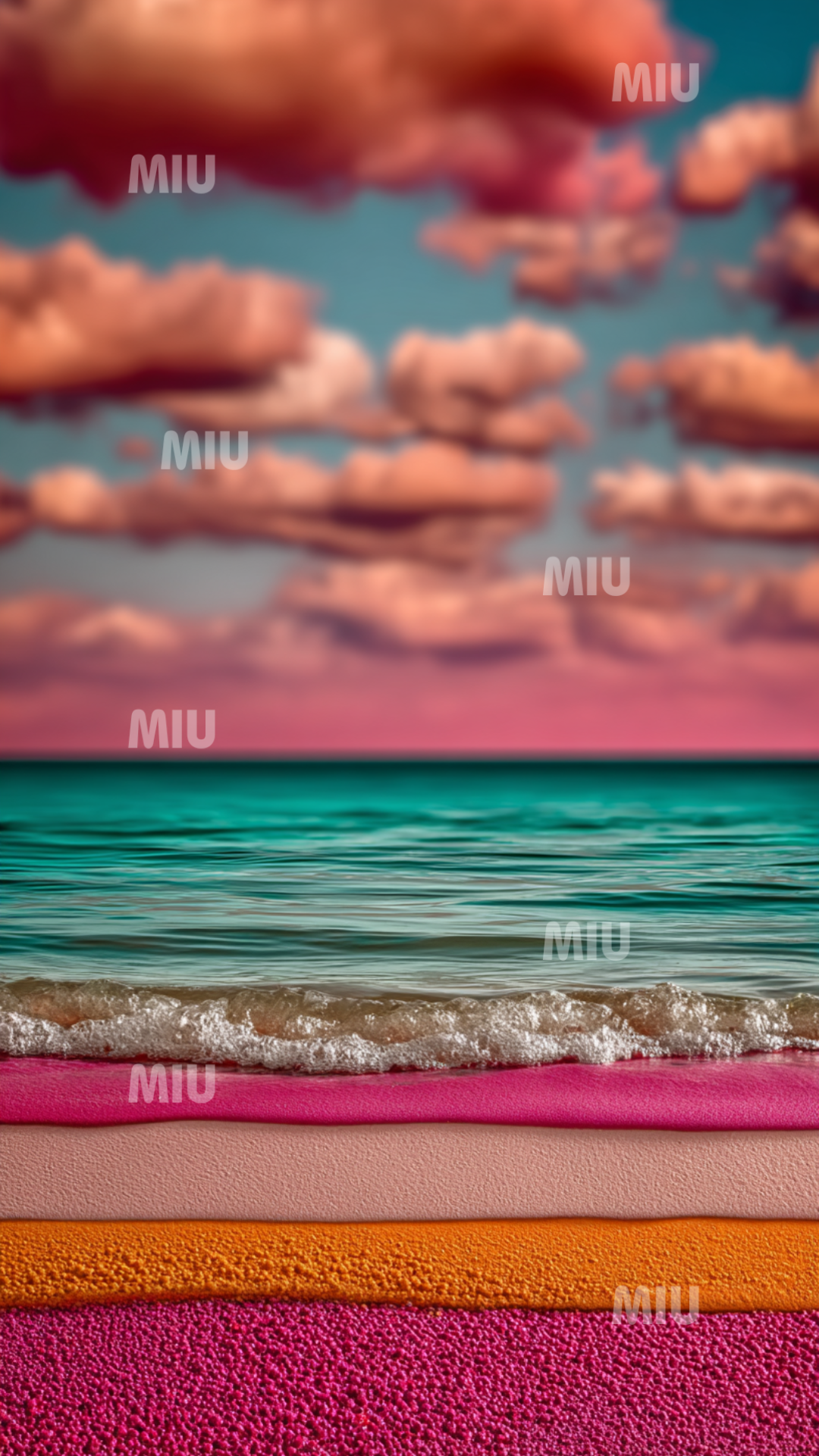 Nuages pêche et roses au coucher du soleil au-dessus d’une mer turquoise et de textures colorées MIU.