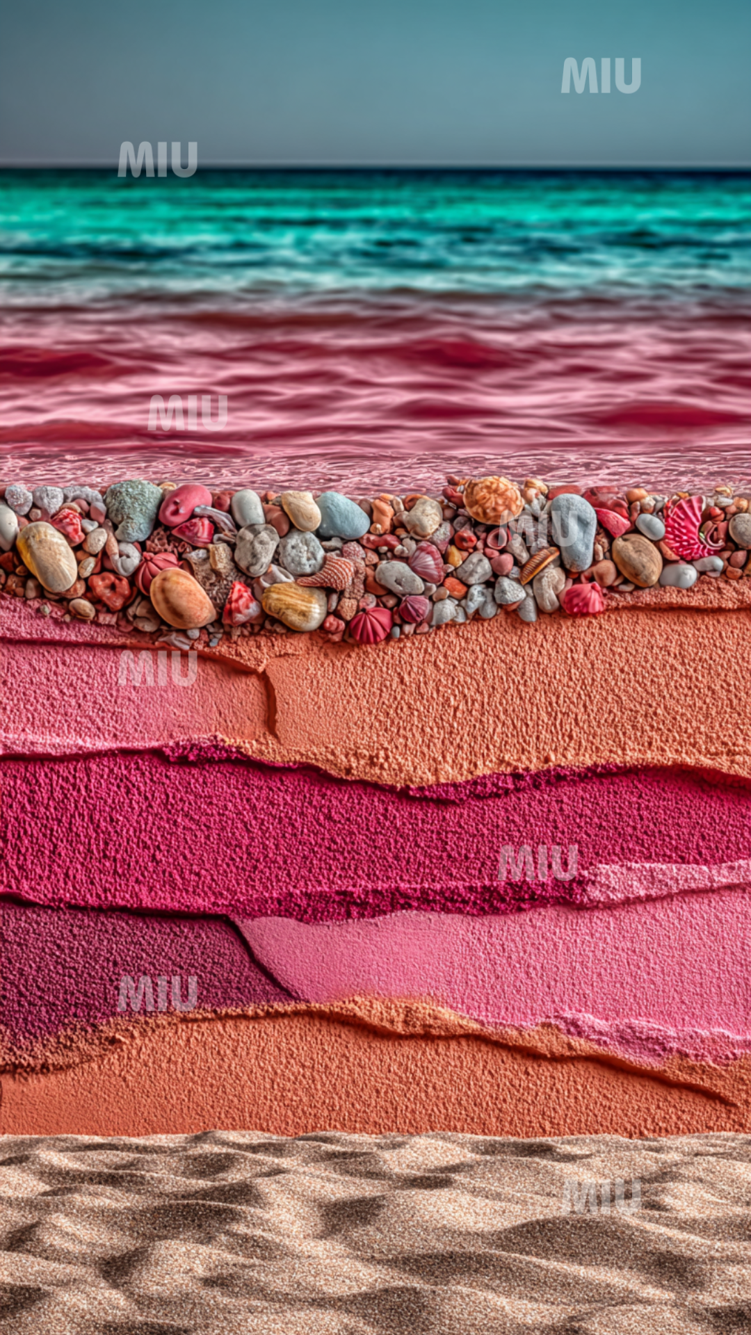 Mer turquoise surplombant une vague rose et des couches de textures et galets colorés dans le style artistique MIU.