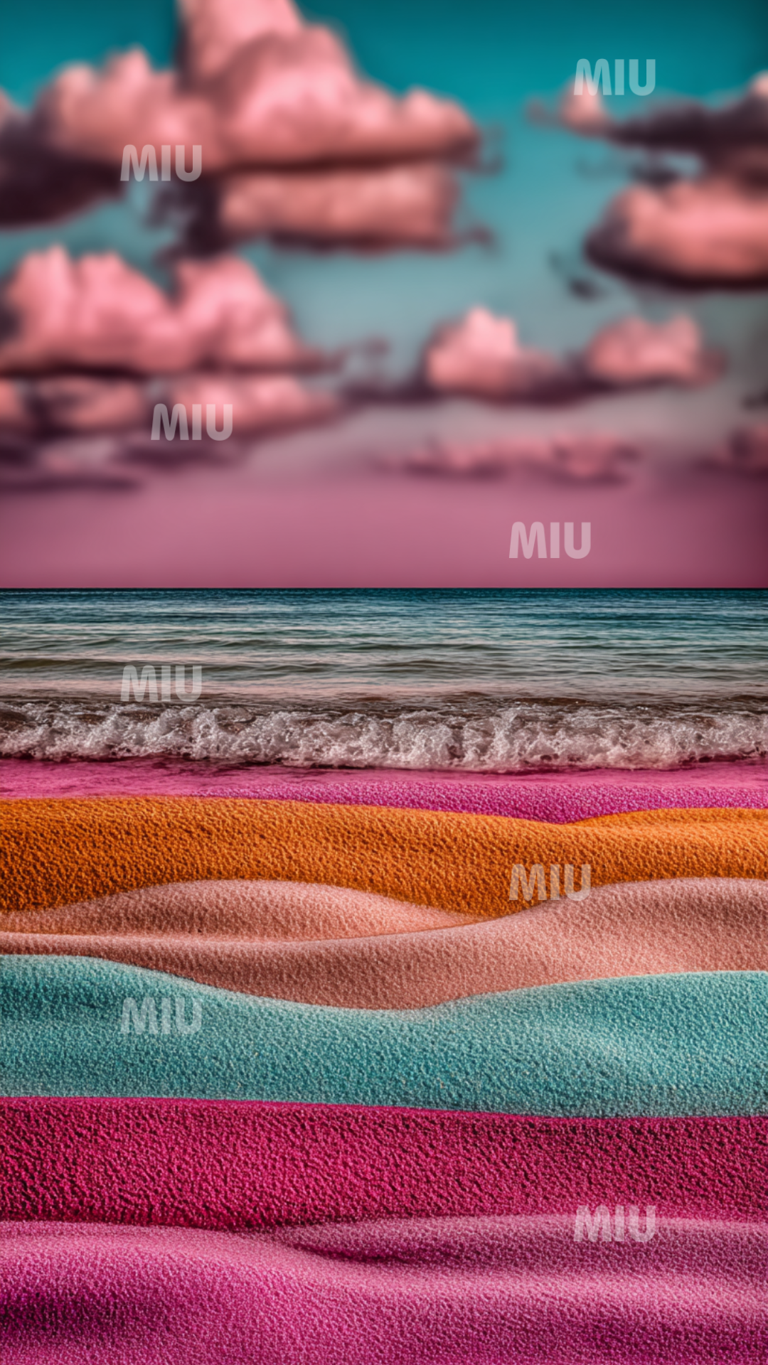 Ciel rose avec nuages doux au-dessus d’une mer turquoise et de couches texturées colorées évoquant une plage abstraite MIU.