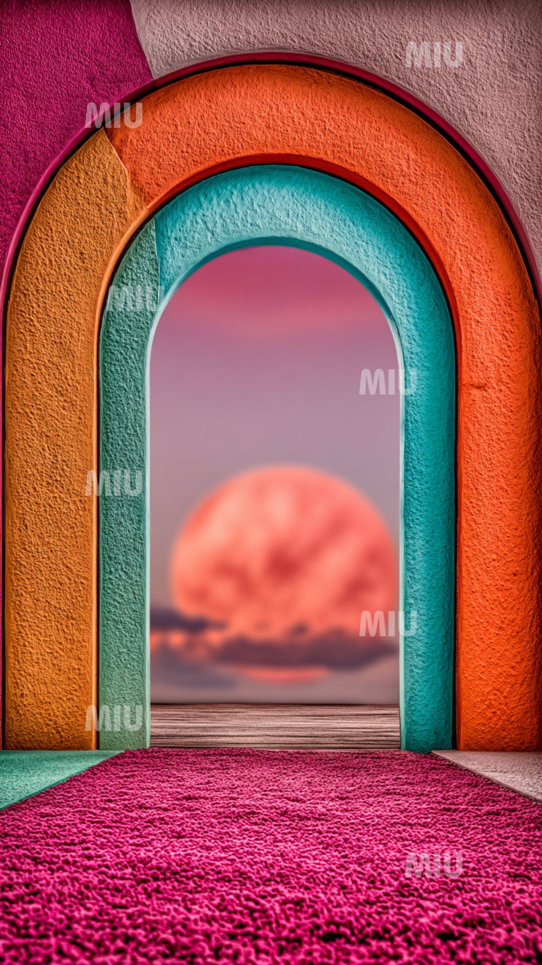 Grande arche colorée ouvrant sur une lune lumineuse et un horizon pastel.