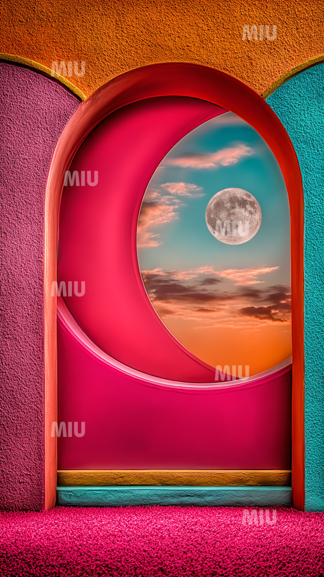 Lune douce entourée d’un jardin stylisé dans des textures colorées rose, orange et turquoise.