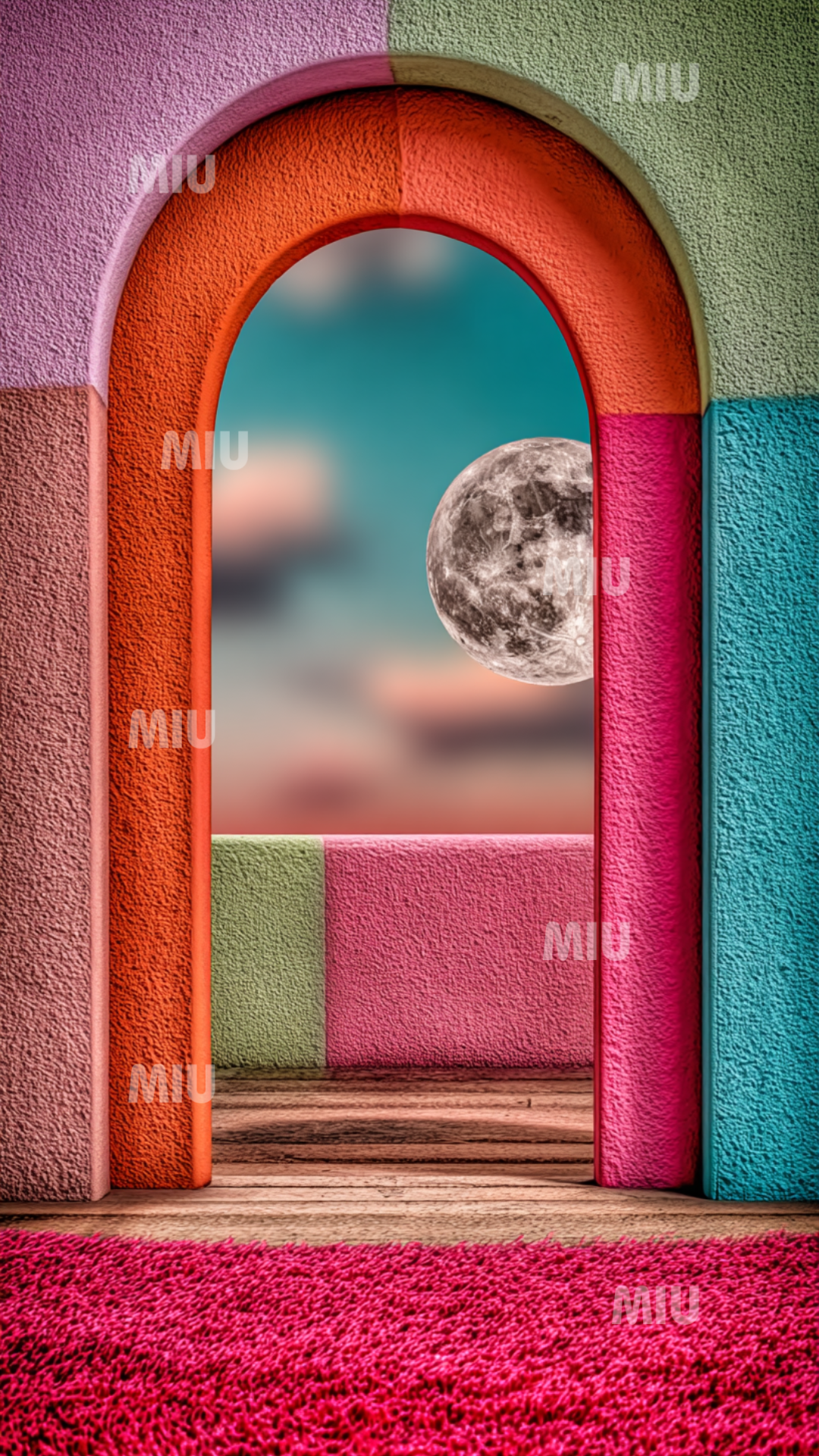 Lune parfaitement centrée dans une arche colorée sur fond de ciel rose.