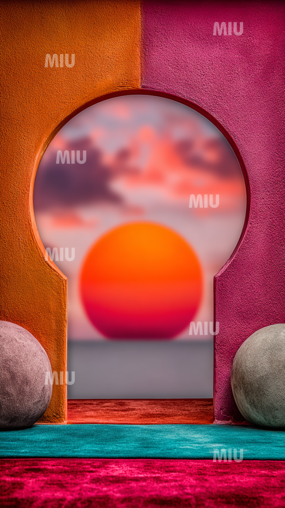 Portail circulaire ouvrant sur un soleil rose-orange entouré d’un halo lumineux.