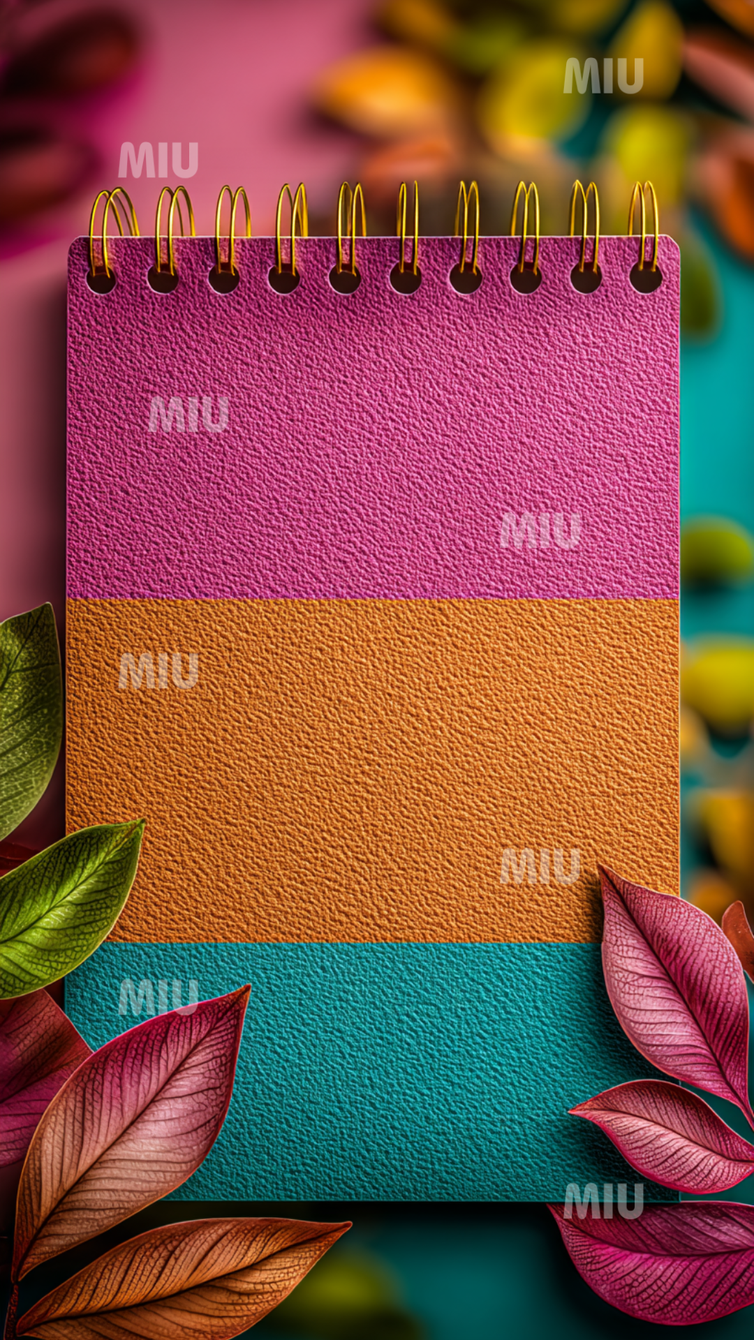 Carnet texturé rose, orange et turquoise avec spirale dorée, entouré de feuilles colorées artistiques sur un fond doux.