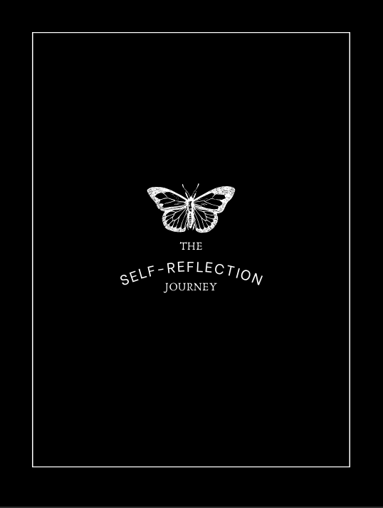 "Minimal Self-Reflection Journal cover in soft black with elegant handwritten title The Self-Reflection Journey in delicate light script, featuring a subtle hand-drawn butterfly motif – aesthetic black and white printable PDF for daily gratitude, mindfu