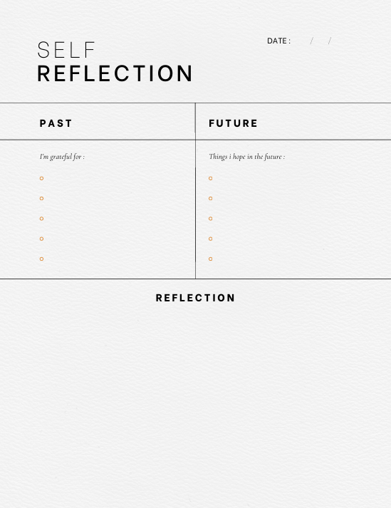 "Self-reflection spread from Minimal Self-Reflection Journal with SELF REFLECTION heading, date line, and side-by-side sections for PAST and FUTURE – including gratitude prompts for the past and hopes for the future with checkboxes, plus a REFLECTI