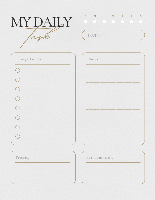 "Daily planning page from Minimal Self-Reflection Journal with sections for Things To Do, Priority, and For Tomorrow – clean black and white layout for printable goal setting and reflection."