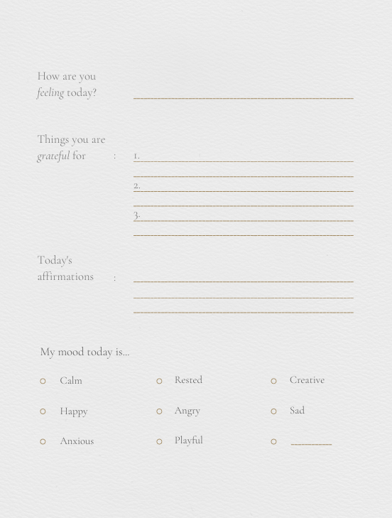 "Gratitude and mood tracking page from Minimal Self-Reflection Journal with prompts for How are you feeling today?, Things you are grateful for, Todays affirmations, and a mood checklist with options like Calm, Happy, Creative, Anxious, and more –