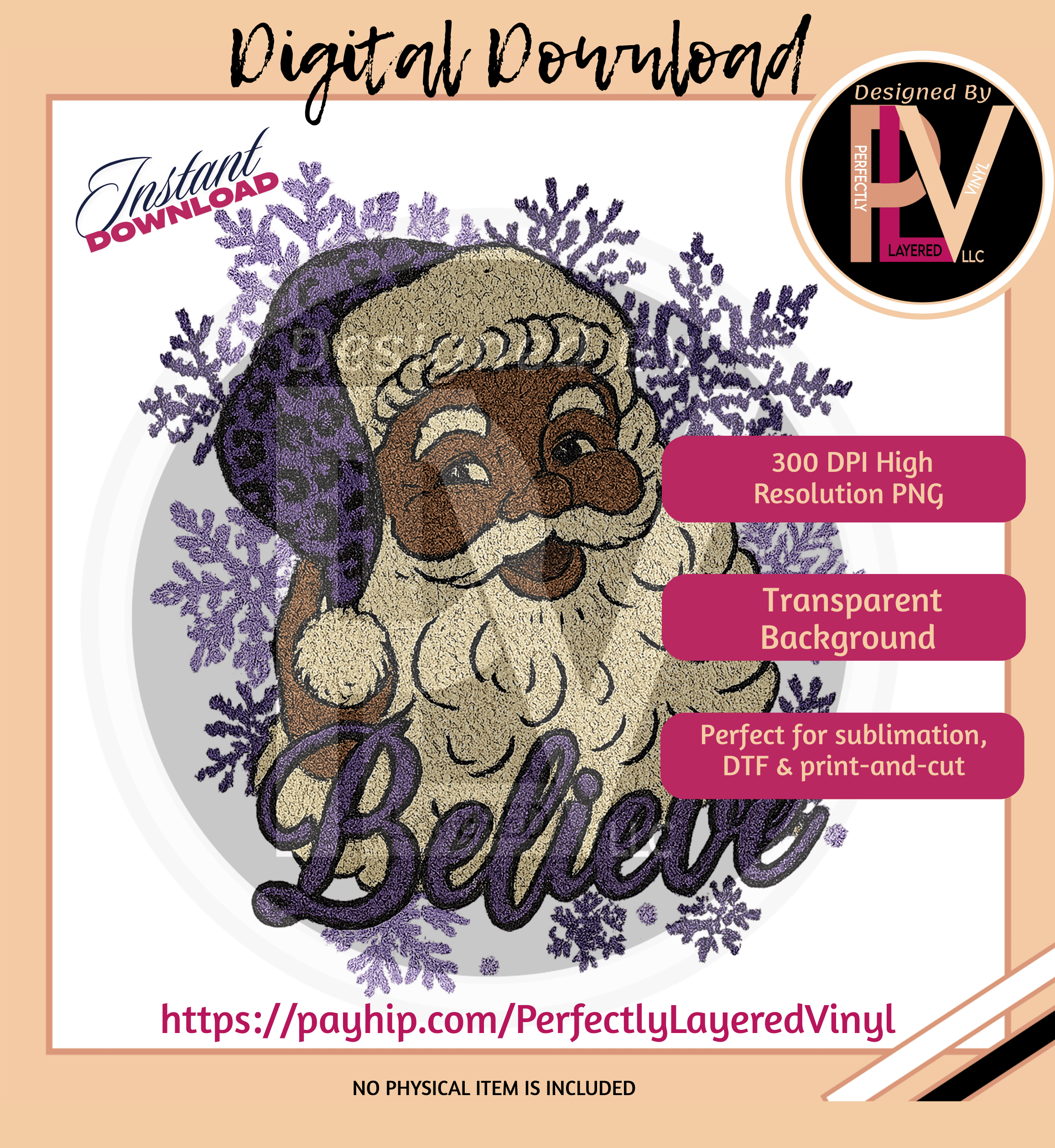 Believe Black Santa PNG | Purple Leopard Hat | Faux Embroidery | 300 ...