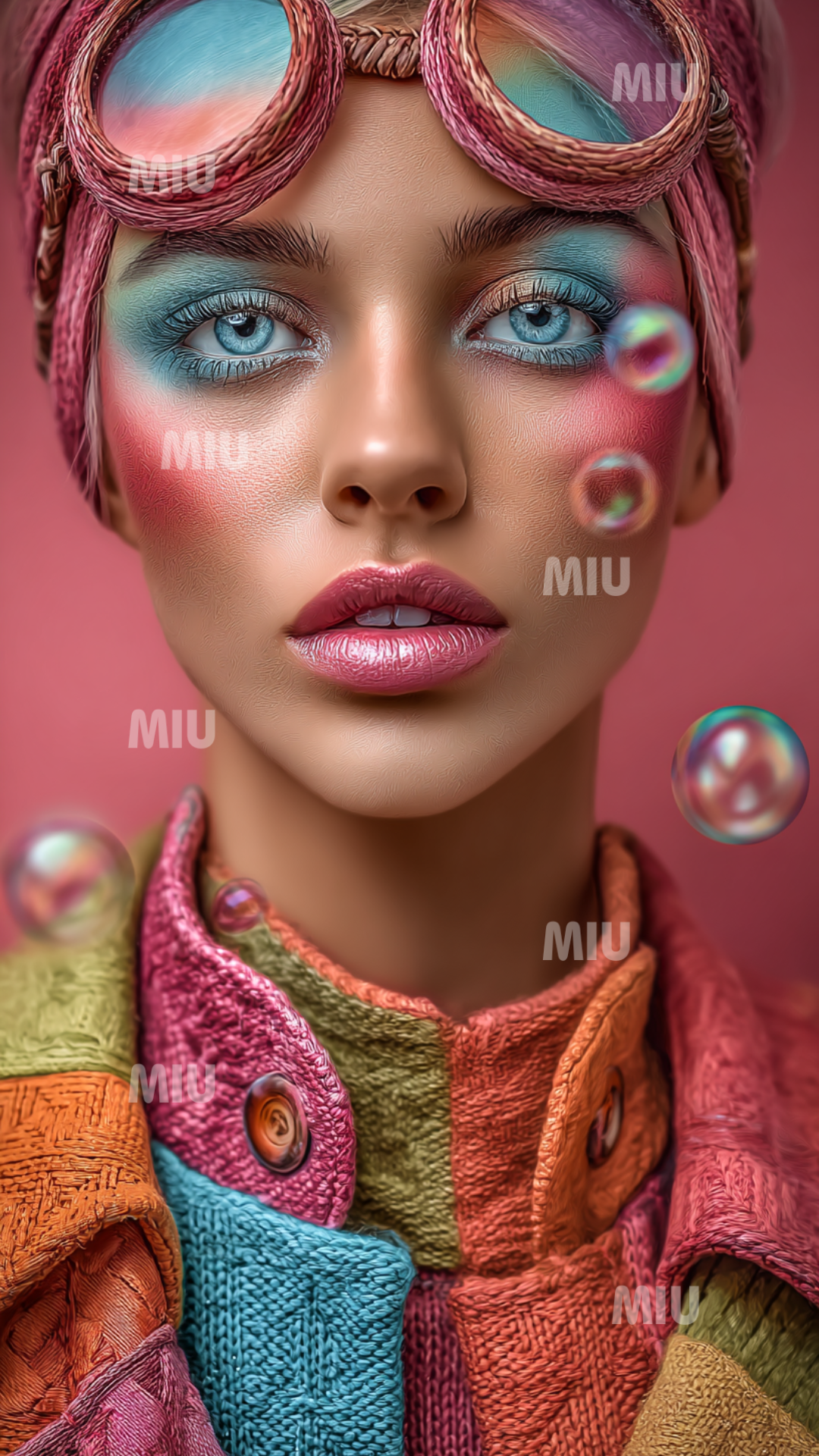 Portrait artistique d’une femme au maquillage rose et turquoise, textures textiles colorées, lunettes rétro et bulles holographiques dans une ambiance chromatique MIU.