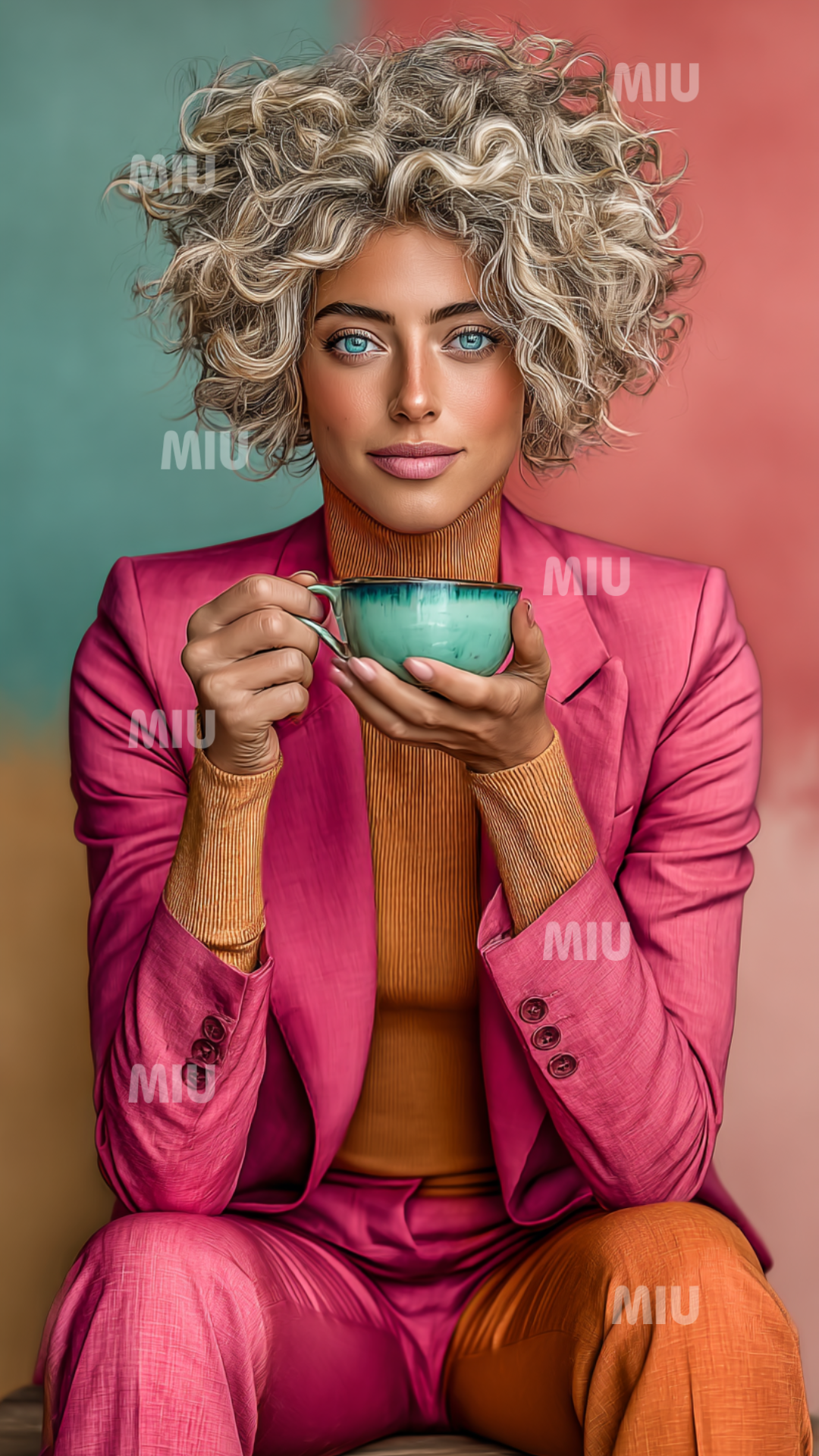 Portrait d’une femme en costume rose tenant une tasse turquoise, ambiance douce et colorée dans un style artistique MIU.