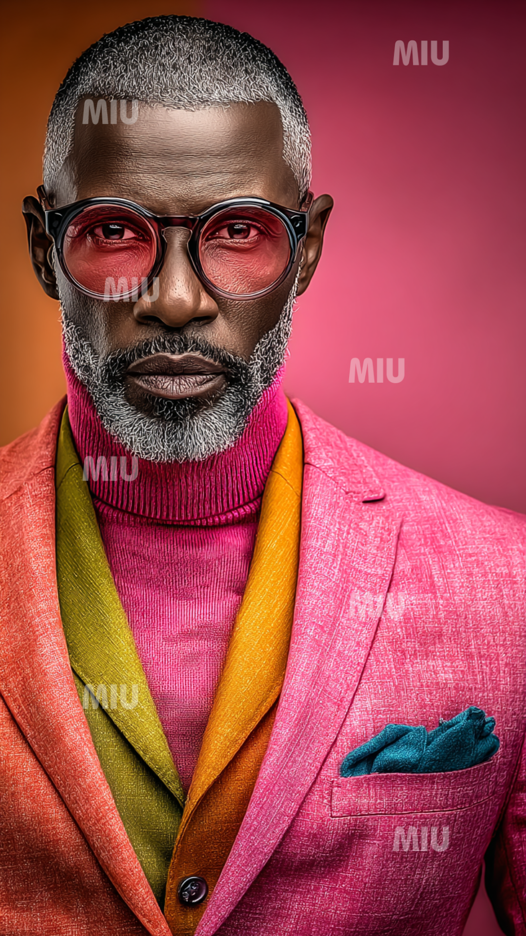 Portrait stylisé d’un homme élégant en costume rose avec accents orange, vert et turquoise, lunettes colorées et fond dégradé dans un style artistique MIU.