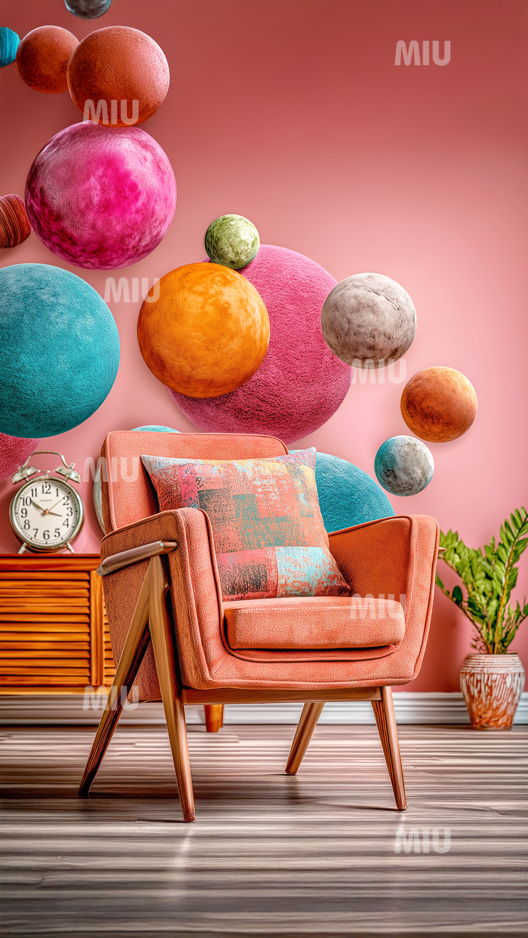 Fauteuil rétro corail dans une pièce rosée avec des sphères colorées flottantes, ambiance douce et artistique MIU.
