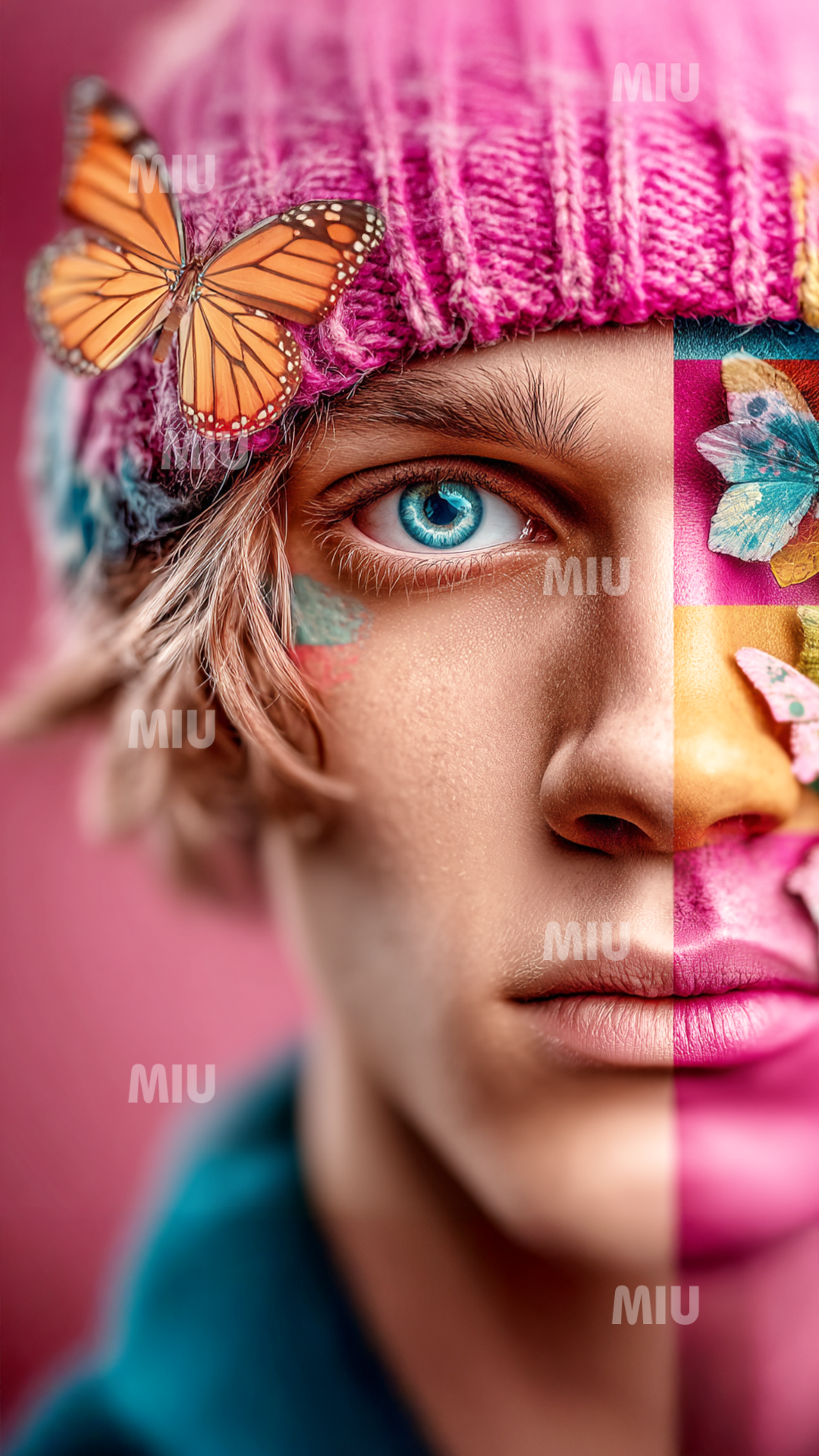 Portrait artistique d’un visage en dualité, moitié naturel et moitié maquillé avec papillons colorés, bonnet rose et couleurs vives dans un style poétique MIU.