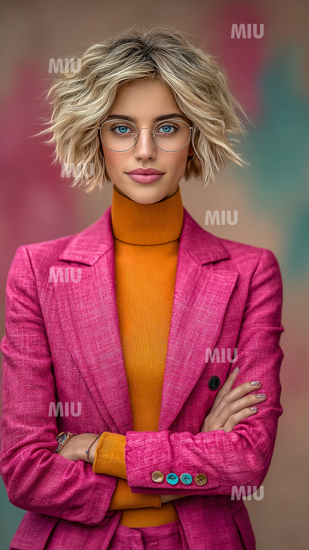 Portrait artistique d’une femme professionnelle en costume fuchsia et col roulé orange, style moderne et coloré dans l’univers MIU.