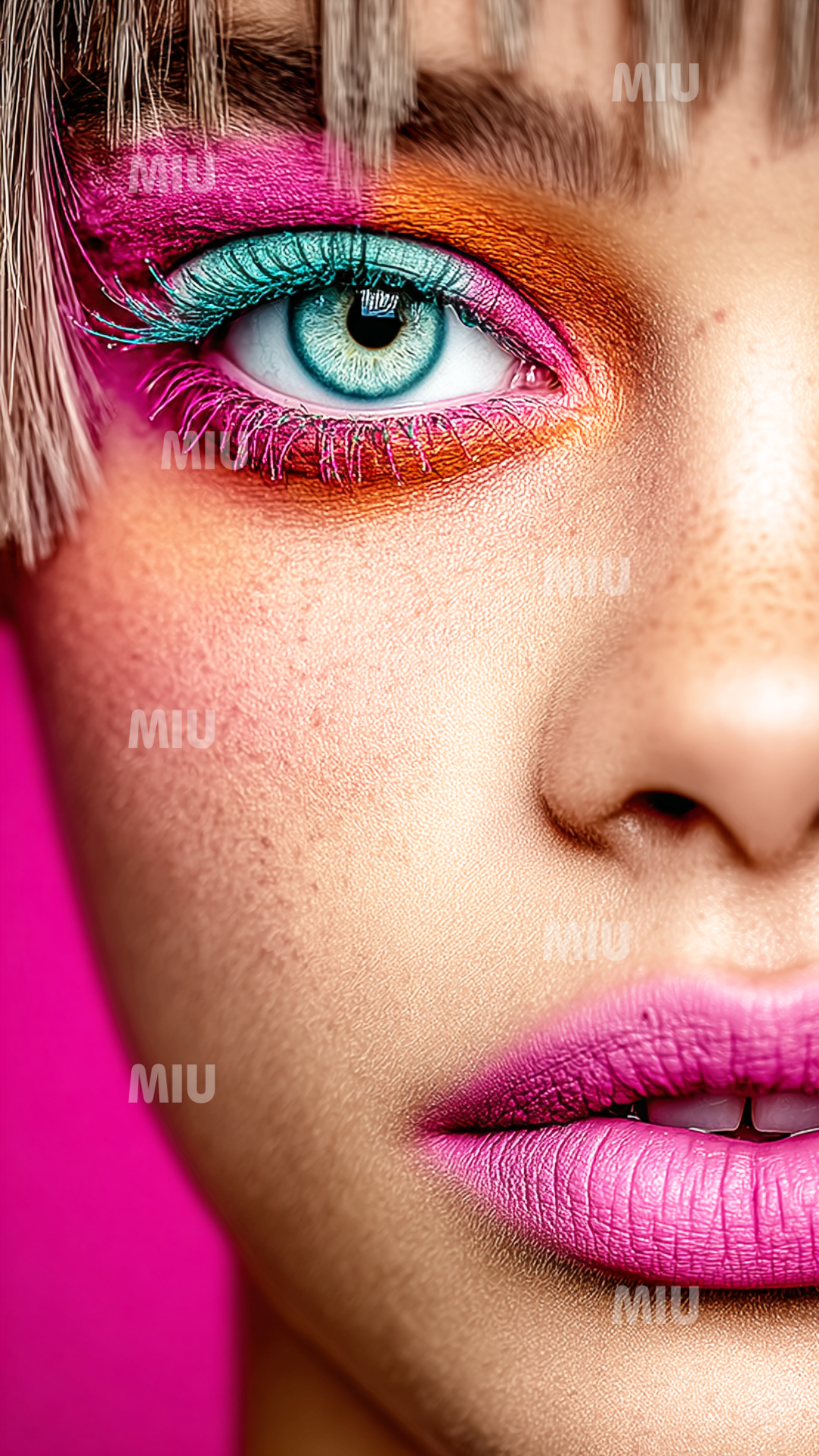 Gros plan artistique sur un visage maquillé avec des couleurs fluo rose, orange et turquoise, style moderne et vibrant dans l’univers MIU.