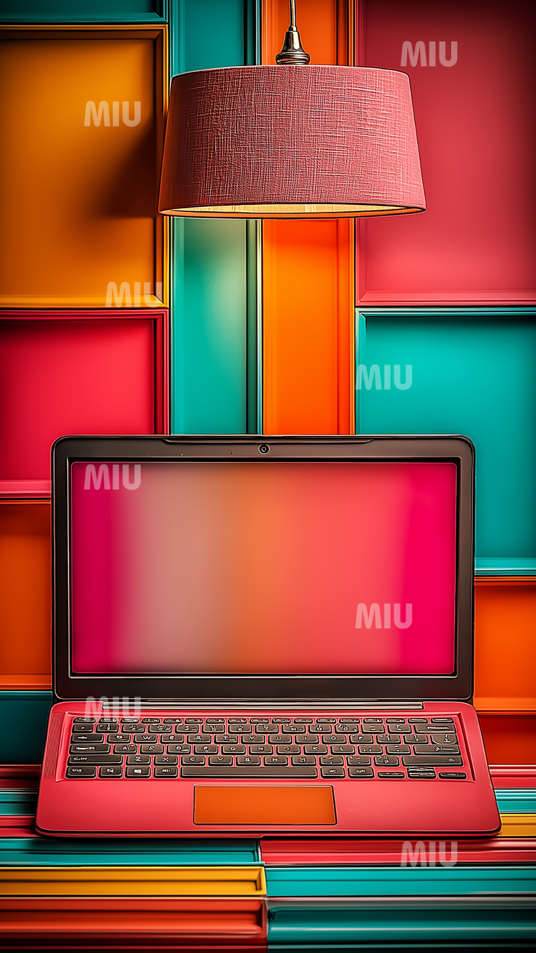 Visuel MIU coloré représentant un ordinateur portable rose devant un décor géométrique turquoise, orange et fuchsia, style moderne et professionnel.