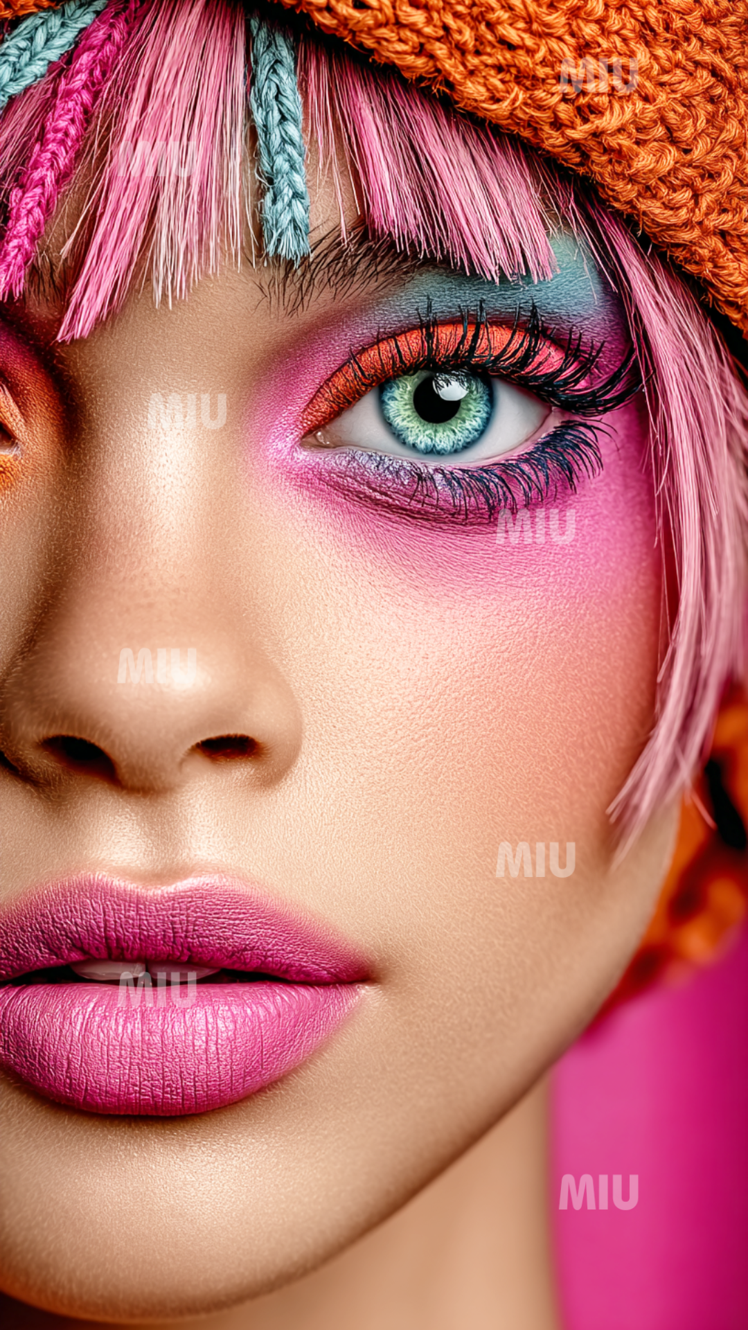 Portrait artistique en gros plan d’un maquillage fluo rose, turquoise et orange avec bonnet tricoté, style vibrant et moderne MIU.