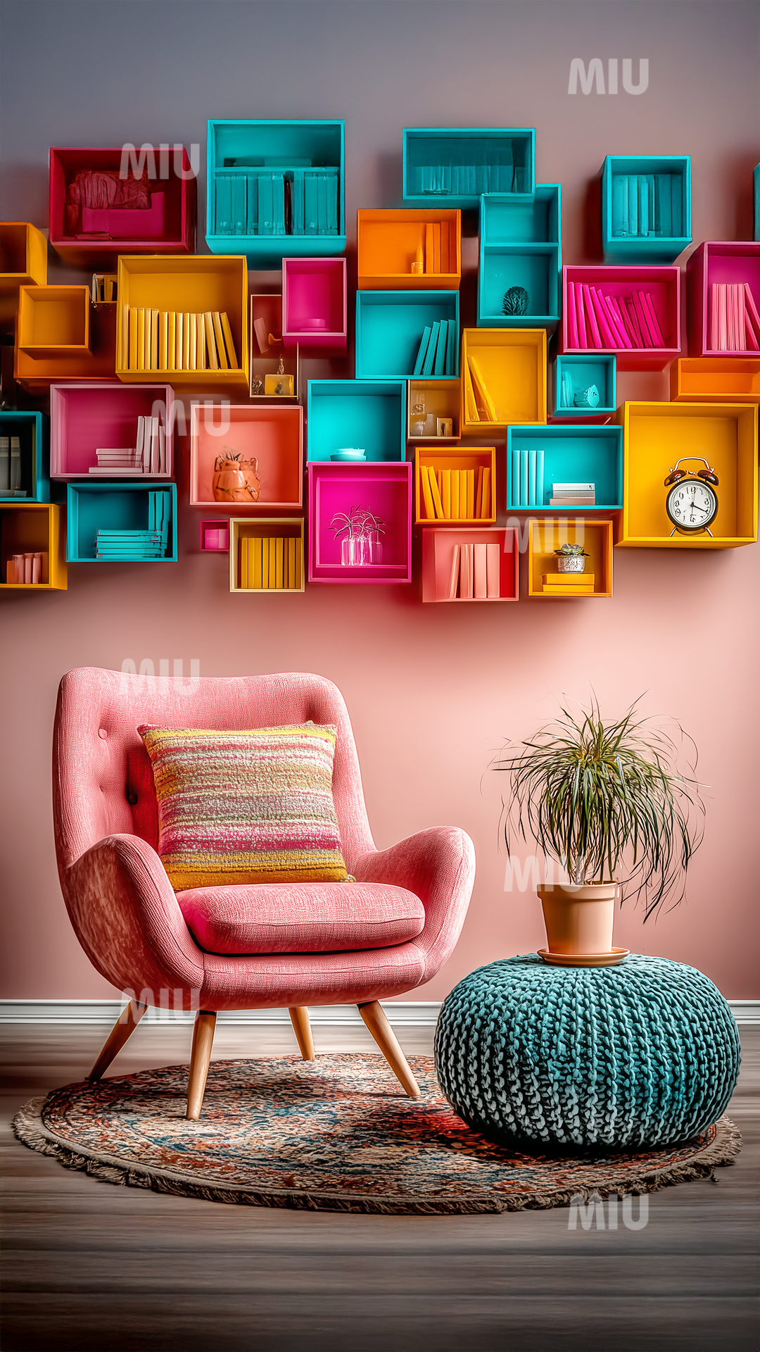 Fauteuil rose cosy avec pouf turquoise et étagères colorées en arrière-plan, ambiance décoration chaleureuse MIU.