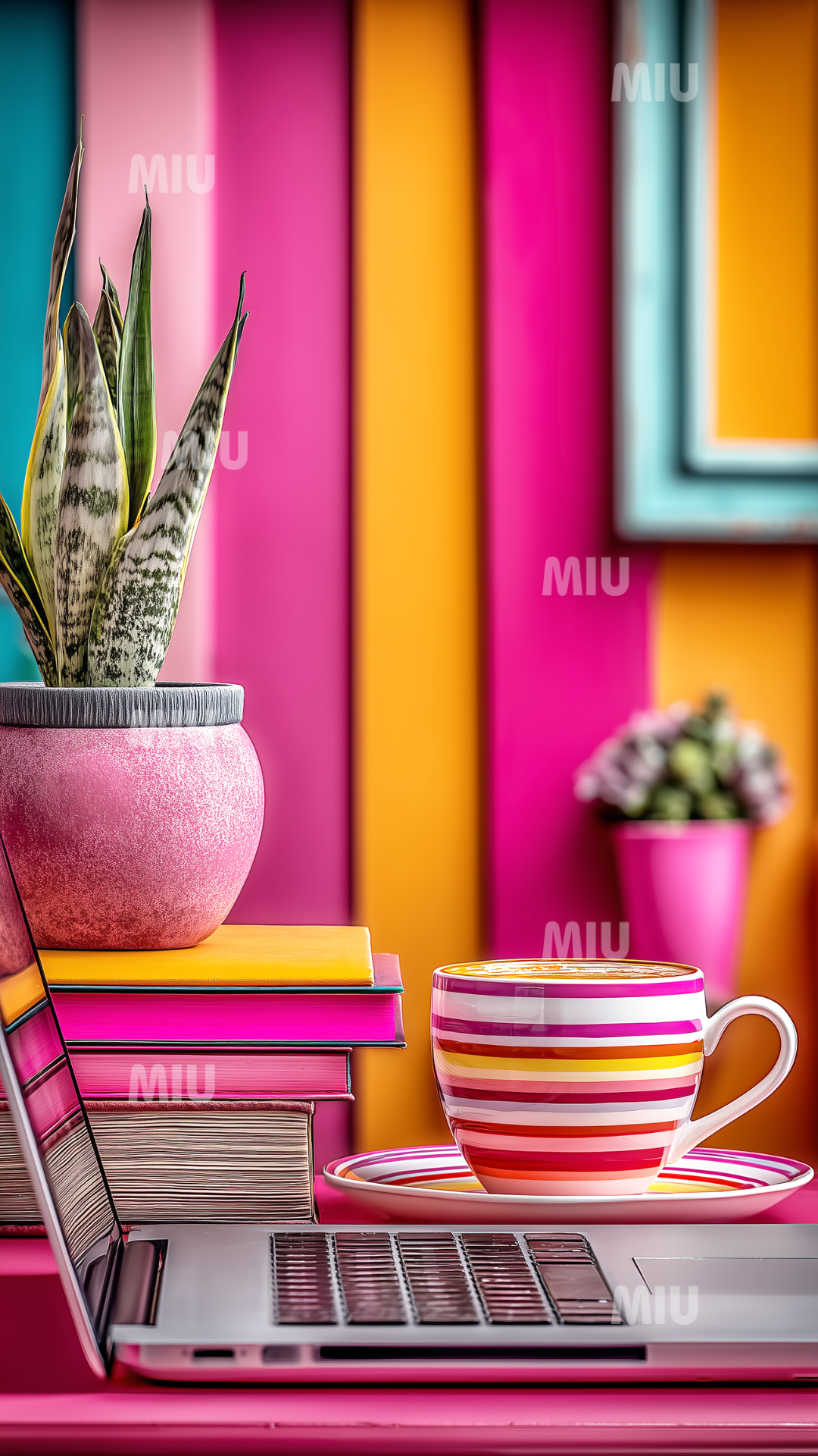 Bureau coloré avec une tasse rayée, un ordinateur portable, des livres et une plante, dans un décor lumineux fuchsia, jaune et turquoise.