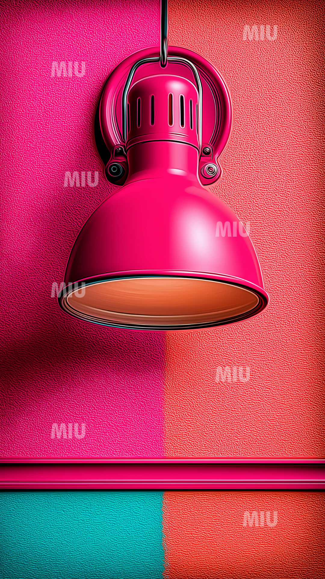 Lampe rose suspendue devant un mur colorblock fuchsia, corail et turquoise, style pop et texturé.