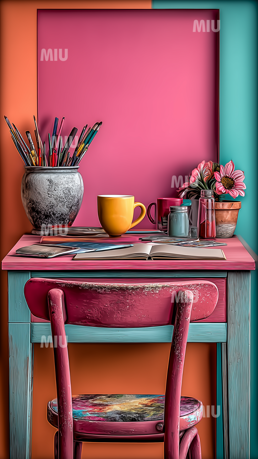 Bureau d’artiste coloré avec pinceaux, carnets ouverts, tasses, flacons et chaise rétro dans un décor rose, turquoise et orange.
