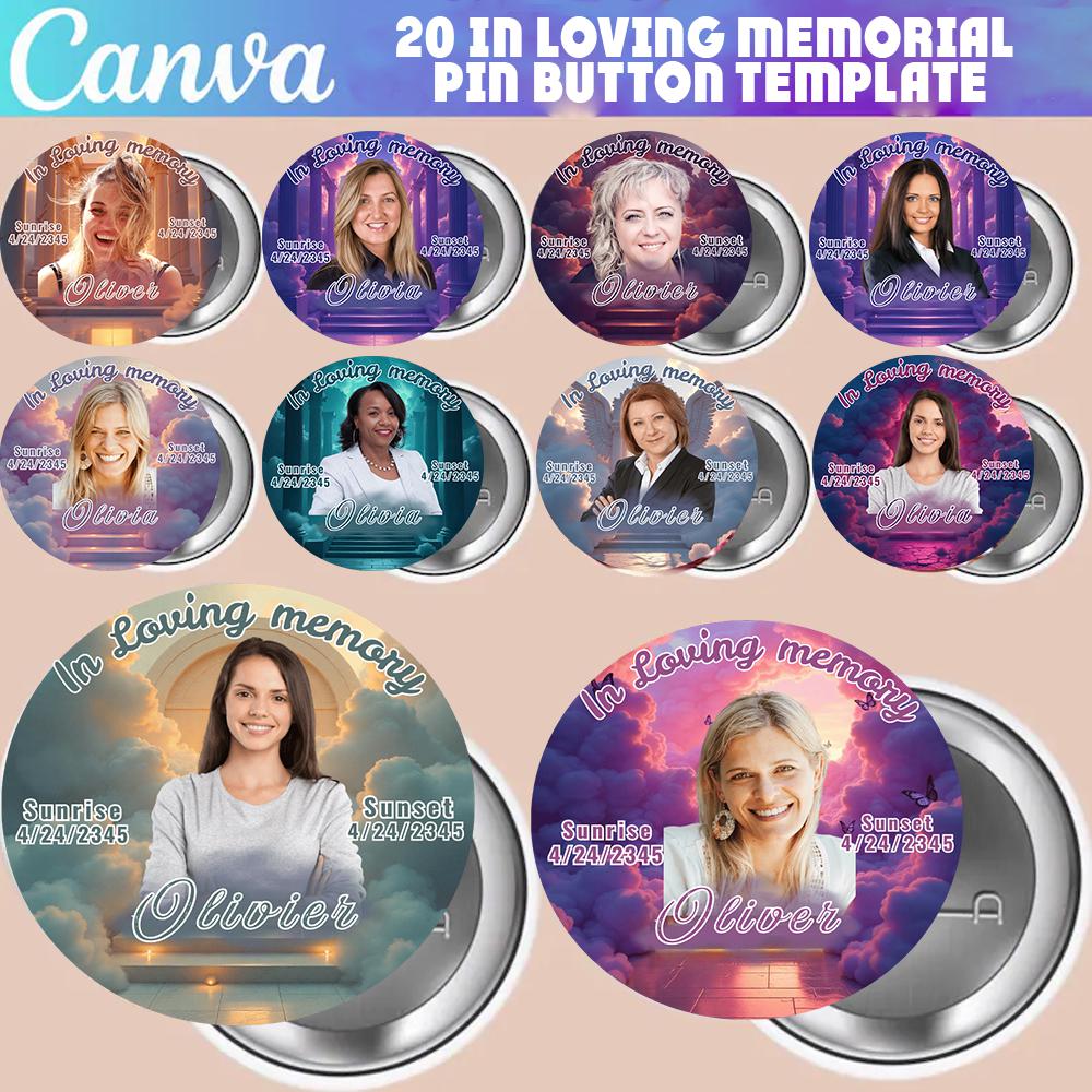 in loving memory template, memorial pin buttons, funeral badge template, rip pin button, canva memorial template, celebration of life template, memorial keepsake, funeral design canva, editable memorial design, rip button printable, funeral favors, rememb