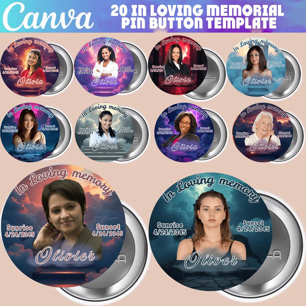 in loving memory template, memorial pin buttons, funeral badge template, rip pin button, canva memorial template, celebration of life template, memorial keepsake, funeral design canva, editable memorial design, rip button printable, funeral favors, rememb