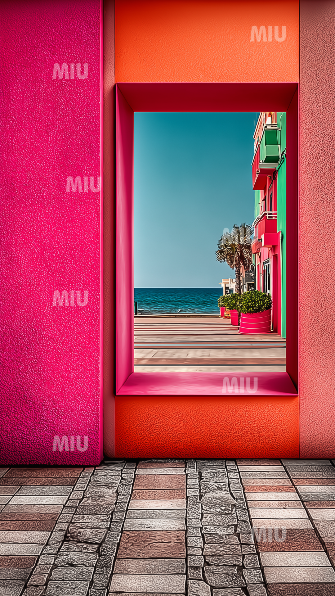Fenêtre colorée fuchsia et orange donnant sur une promenade au bord de la mer avec bâtiments colorés, palmiers et ciel bleu.