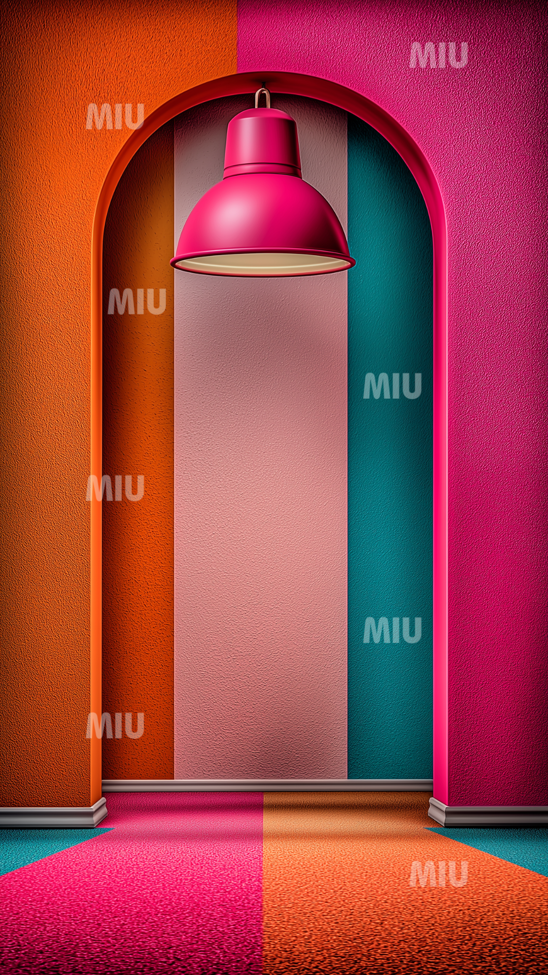 Arche colorée avec bandes rose, orange, turquoise et lampe suspendue fuchsia, décor graphique moderne aux textures granuleuses.