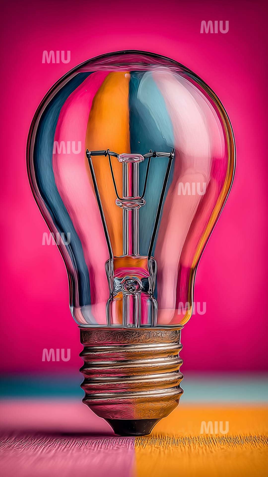 Ampoule transparente avec reflets chromatiques turquoise, orange et rose sur fond rose vif, symbole d’inspiration créative.