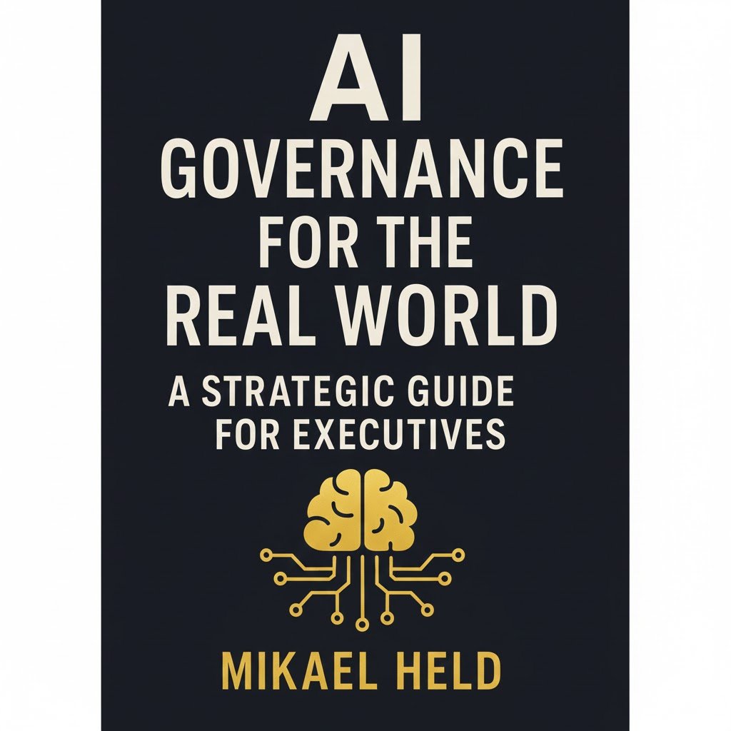 Front cover of the audiobook “AI Governance for the Real World” by Mikael Held, with dark blue background, bold white title text, and a gold brain-circuit graphic.  Den här texten uppfyller: