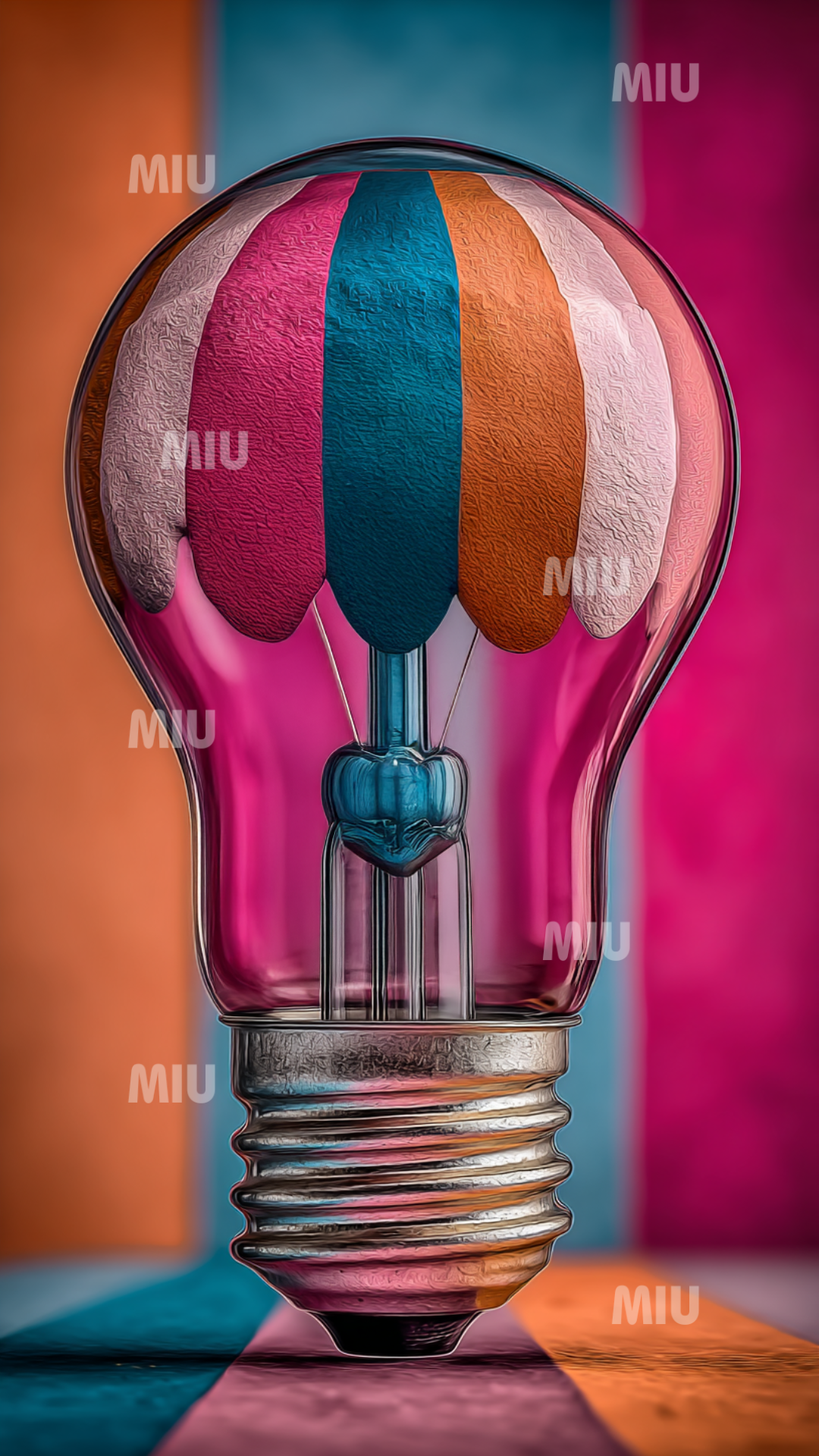 Ampoule transparente contenant un petit parachute multicolore, posée devant un fond coloré rose, bleu, orange et turquoise.