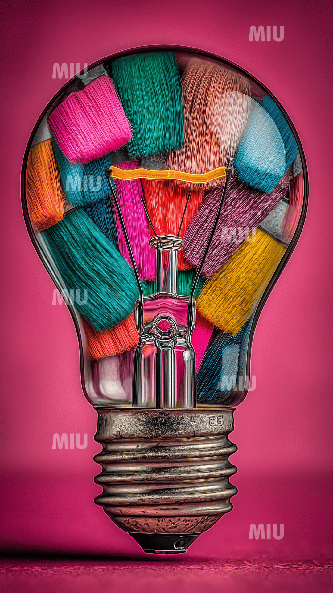 Ampoule transparente remplie de fibres colorées multicolores sur fond rose, symbole d’inspiration créative MIU.