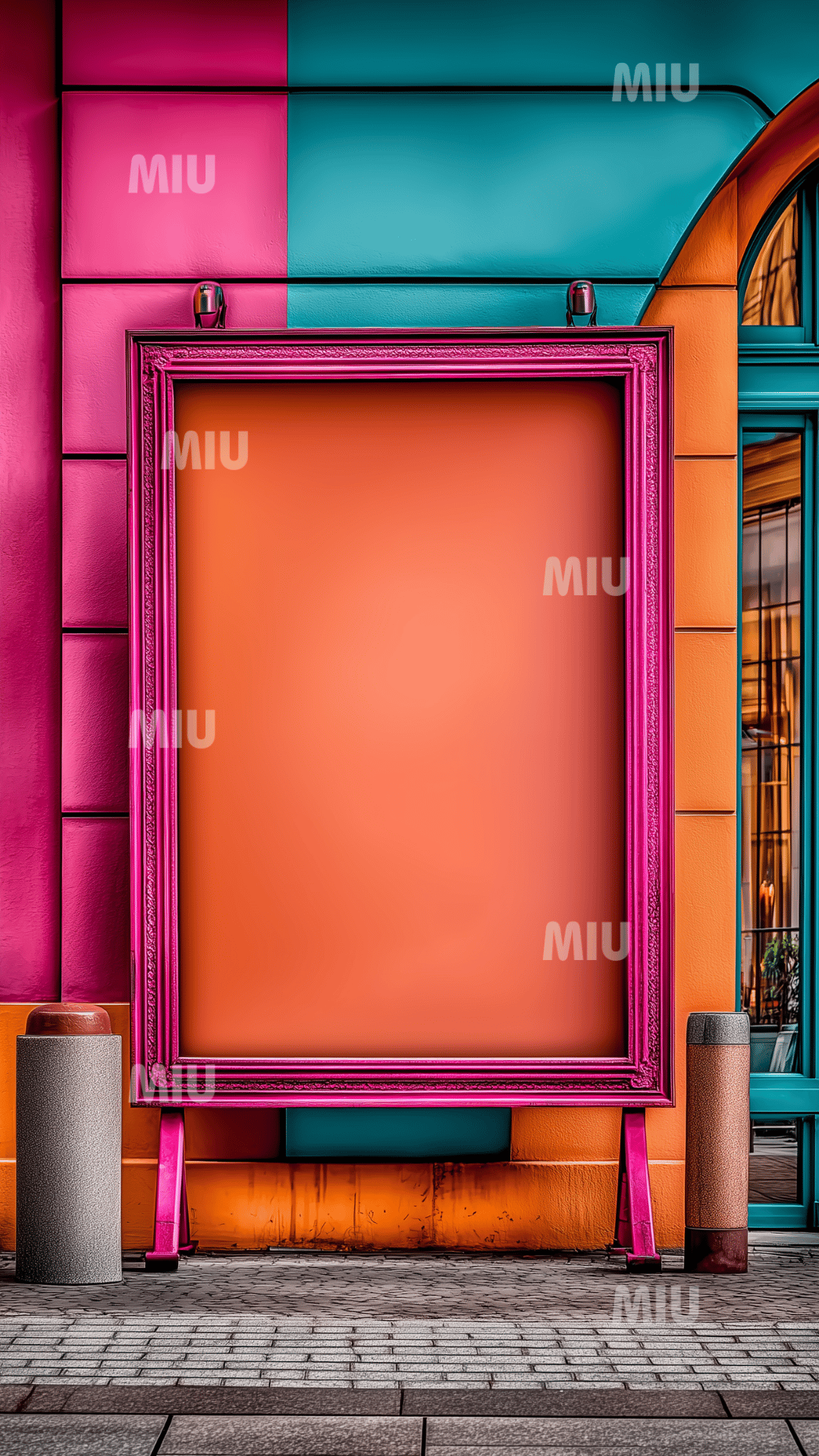 Grand cadre rose fuchsia vide posé contre un mur urbain colorblock turquoise et orange, style moderne et artistique MIU.