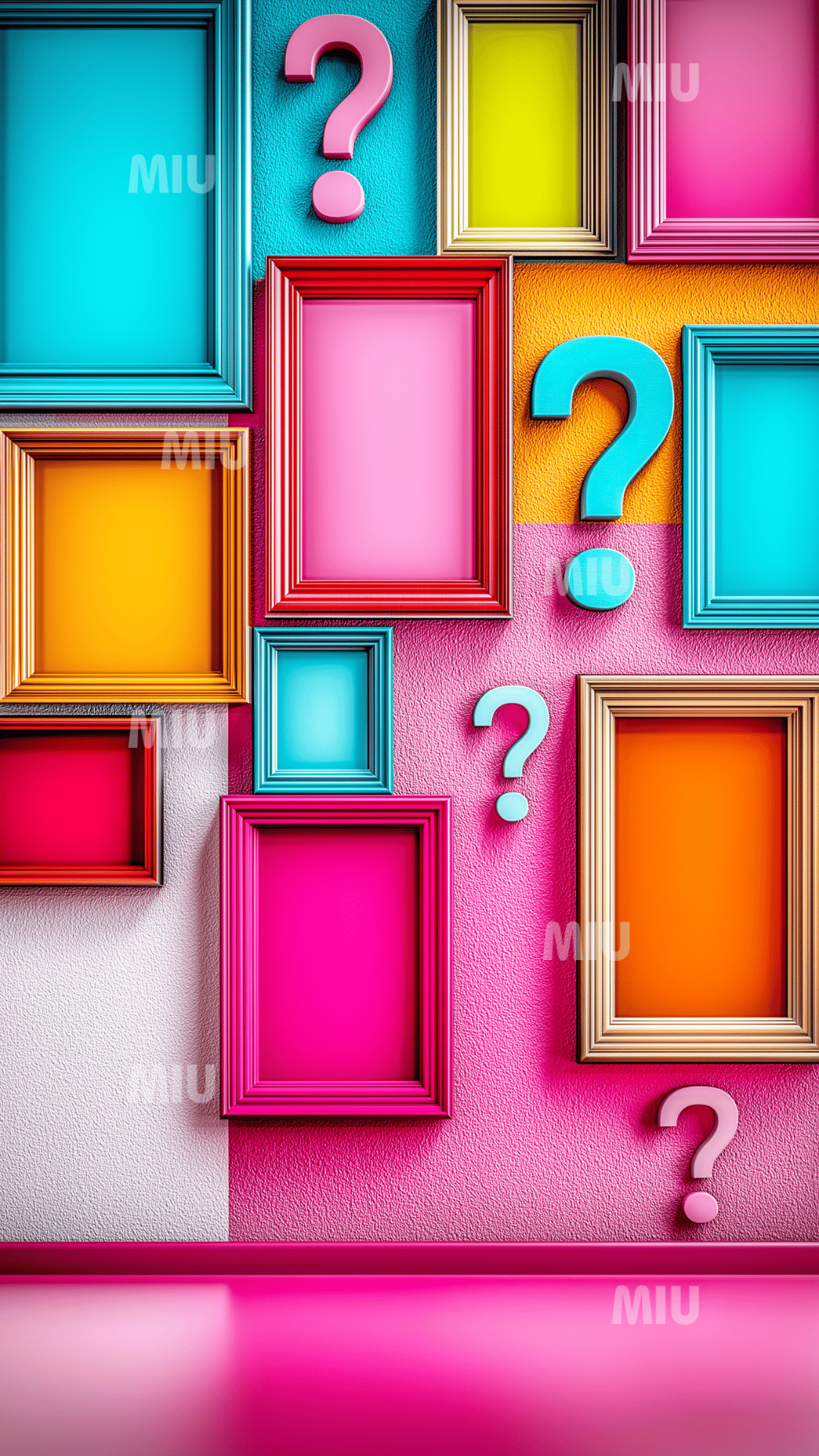 Mur de cadres colorés vides avec points d’interrogation rose et turquoise, style graphique et coloré MIU.